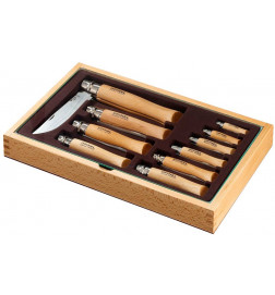 オピネル - ステンレス鋼ナイフ10本とブナ柄の木製コレクション 